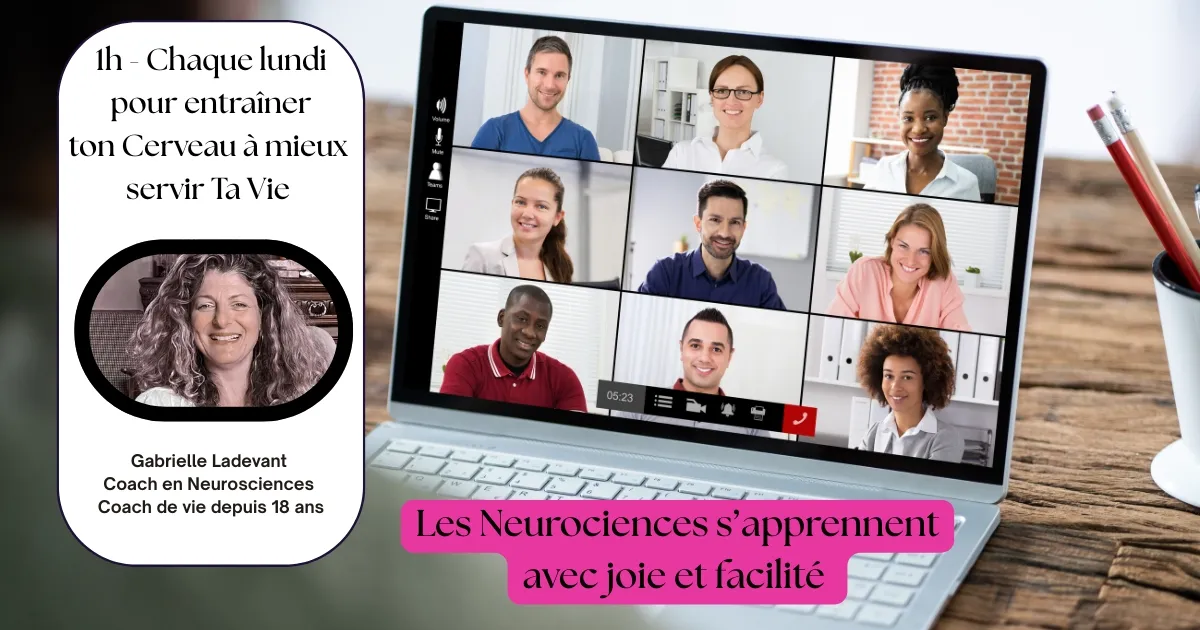Affiche du cours de neurosciences du lundi avec Gabrielle Ladevant et une visioconférence affichée sur un ordinateur