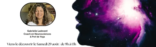 Affiche Neuro-Yoga avec Gabrielle Ladevant et une silhouette de profil sur un fond cosmique violet