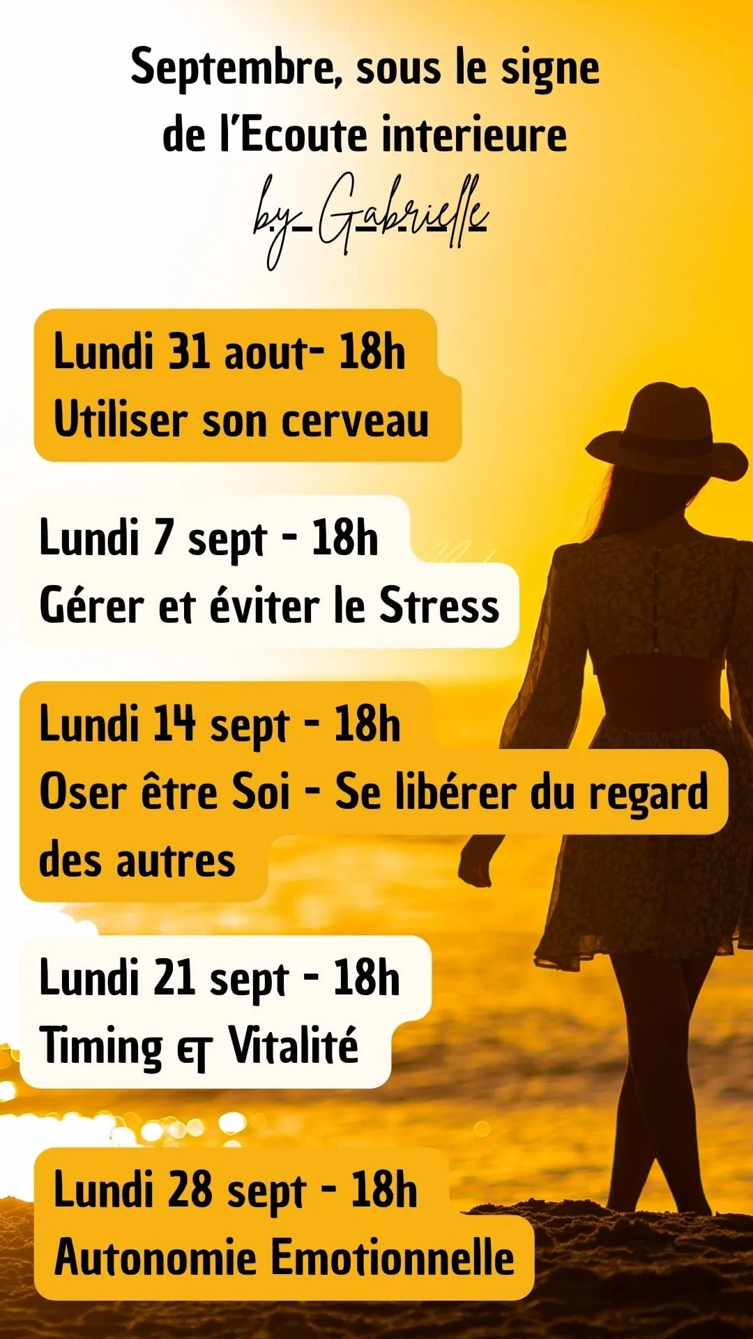 Programme de septembre sur l'écoute intérieure, avec cinq rendez-vous consacrés au cerveau, au stress, au regard des autres, à la vitalité et à l'autonomie émotionnelle